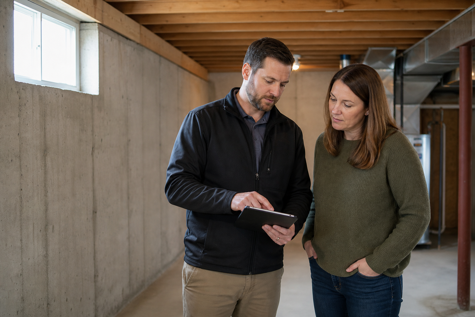 Homeowner reviewing foundation inspection findings with a professional
