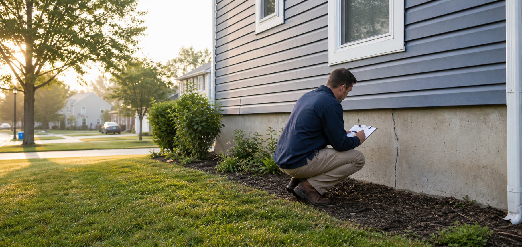 Foundation specialist inspecting a residential foundation crack in Fort Wayne, Indiana